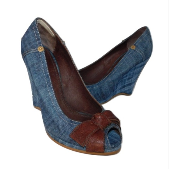 Miu Miu Shoes - MIU MIU Peep Toe Denim Wedge Pumps Peep Toe 40/9